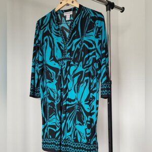 Black and Teal Patterned Midi Dress